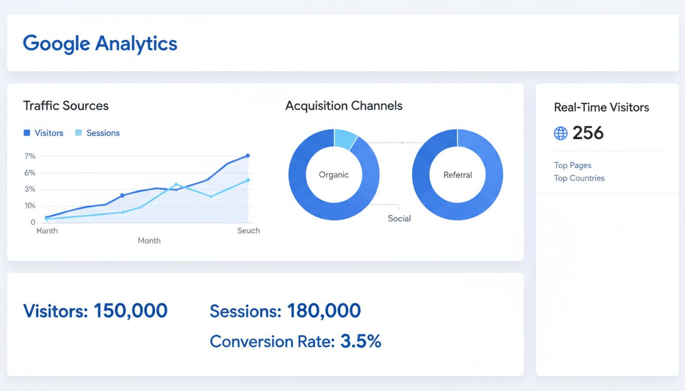 Google Analytics dashboard met verkeersstatistieken, bezoekersdata en acquisitiekanalen