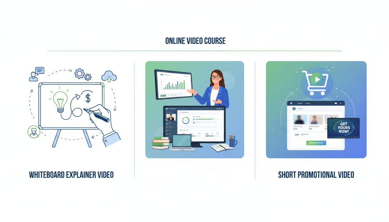 Drie typen affiliate marketing video's: whiteboard uitlegvideo, online cursus en promotievideo