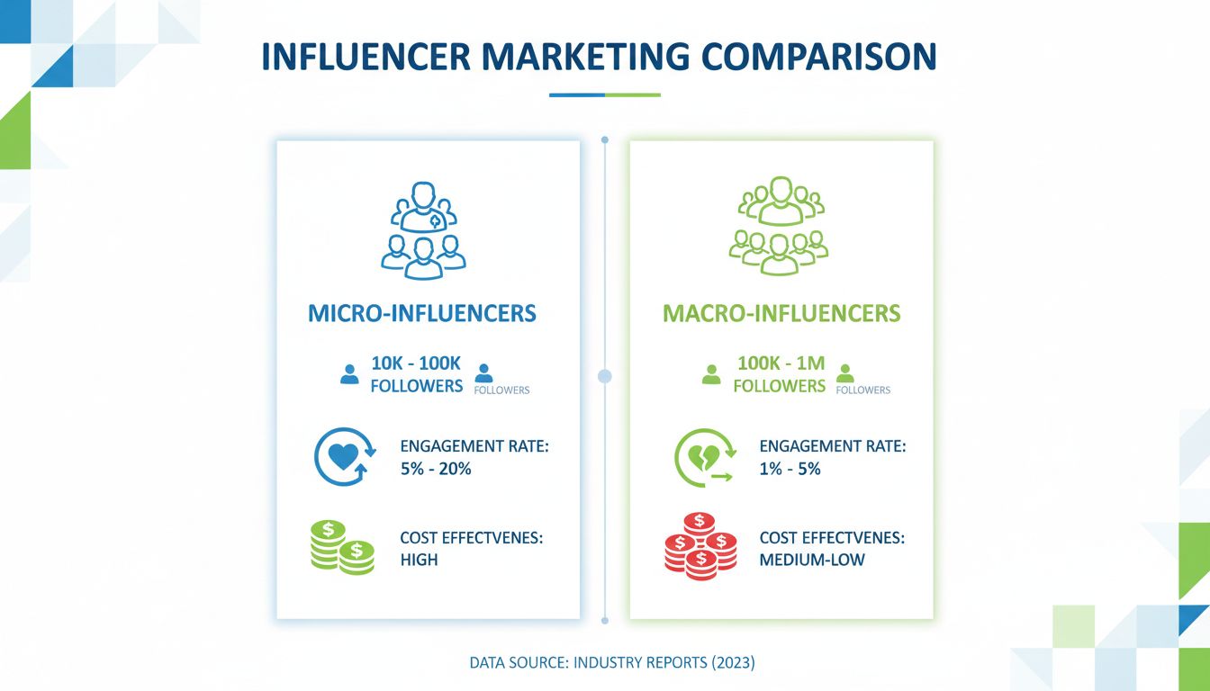 Micro-influencer versus macro-influencer vergelijking met aantallen volgers, engagementratio's en kosteneffectiviteit