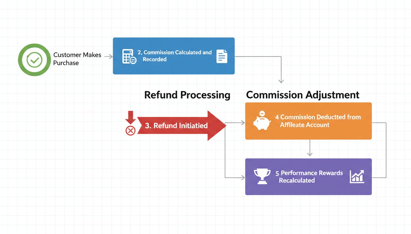 Diagram van commissietracking en terugbetalingsafhandeling: aankoop, commissieberekening, terugbetaling en herberekening van prestatiebeloningen