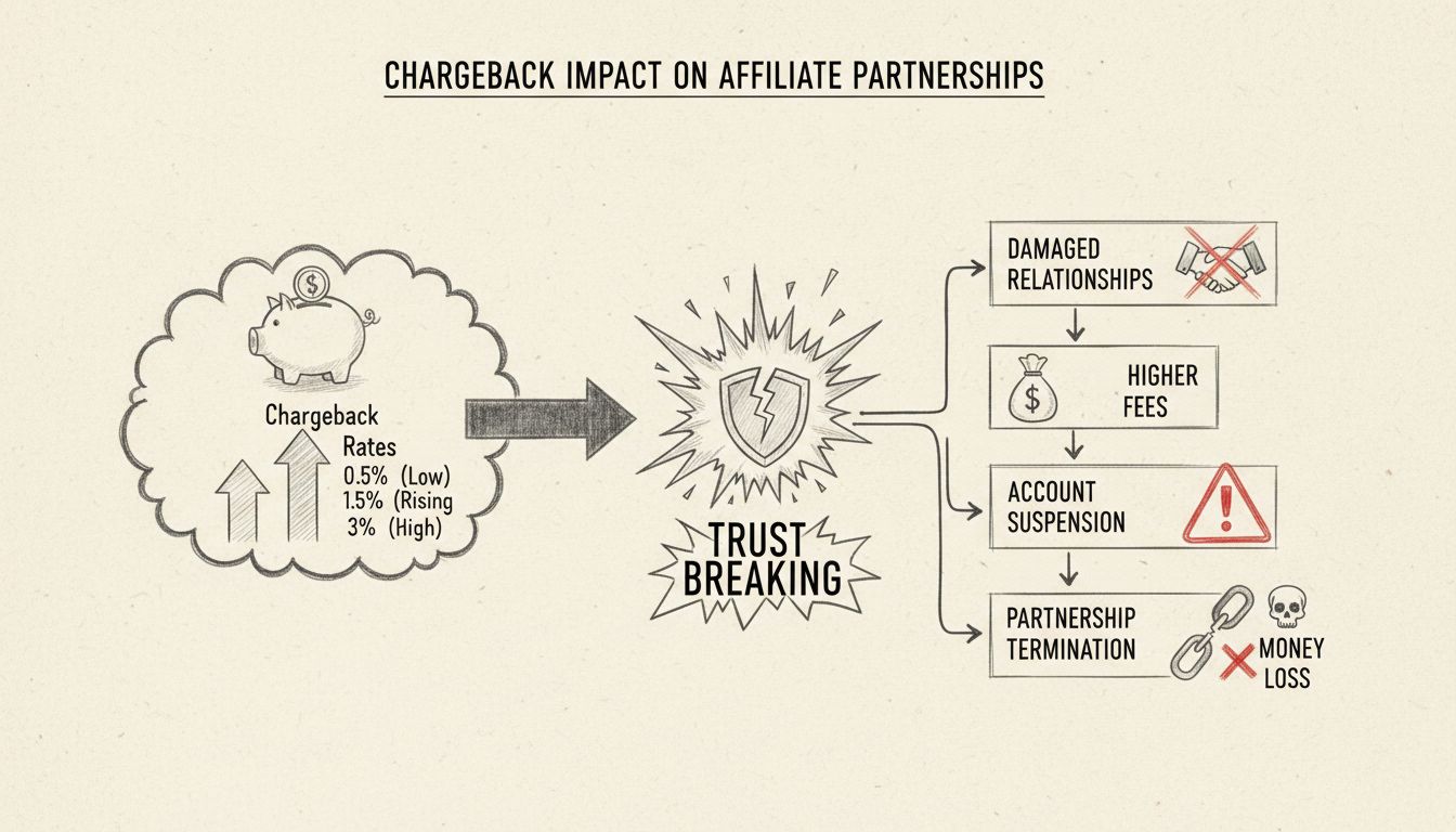 Handgetekend diagram dat de impact van hoge chargebacks op affiliatepartnerschappen toont met oplopende chargebackpercentages en gevolgen