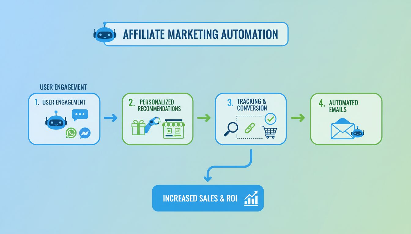 Infographic die het automatiseringsproces van bots in affiliate marketing toont met gebruikersbetrokkenheid, productaanbevelingen, conversietracking en e-mailautomatisering