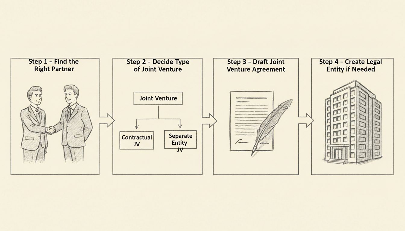 Vier stappen om een joint venture op te zetten: partner vinden, type bepalen, overeenkomst opstellen, rechtspersoon oprichten