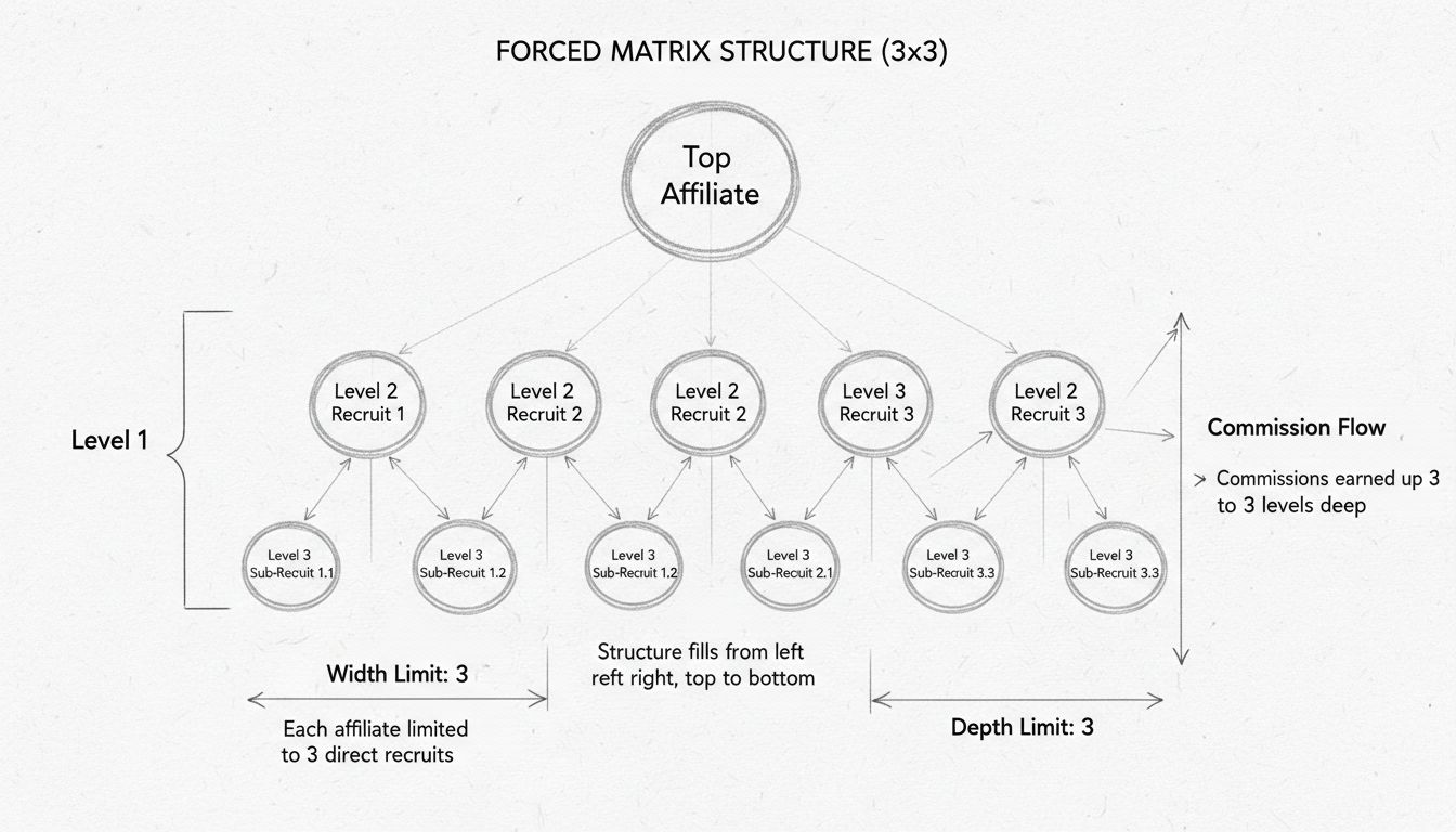 Forced Matrix 3x3 structuurdiagram met breedte- en dieptelimieten en commissiestromen