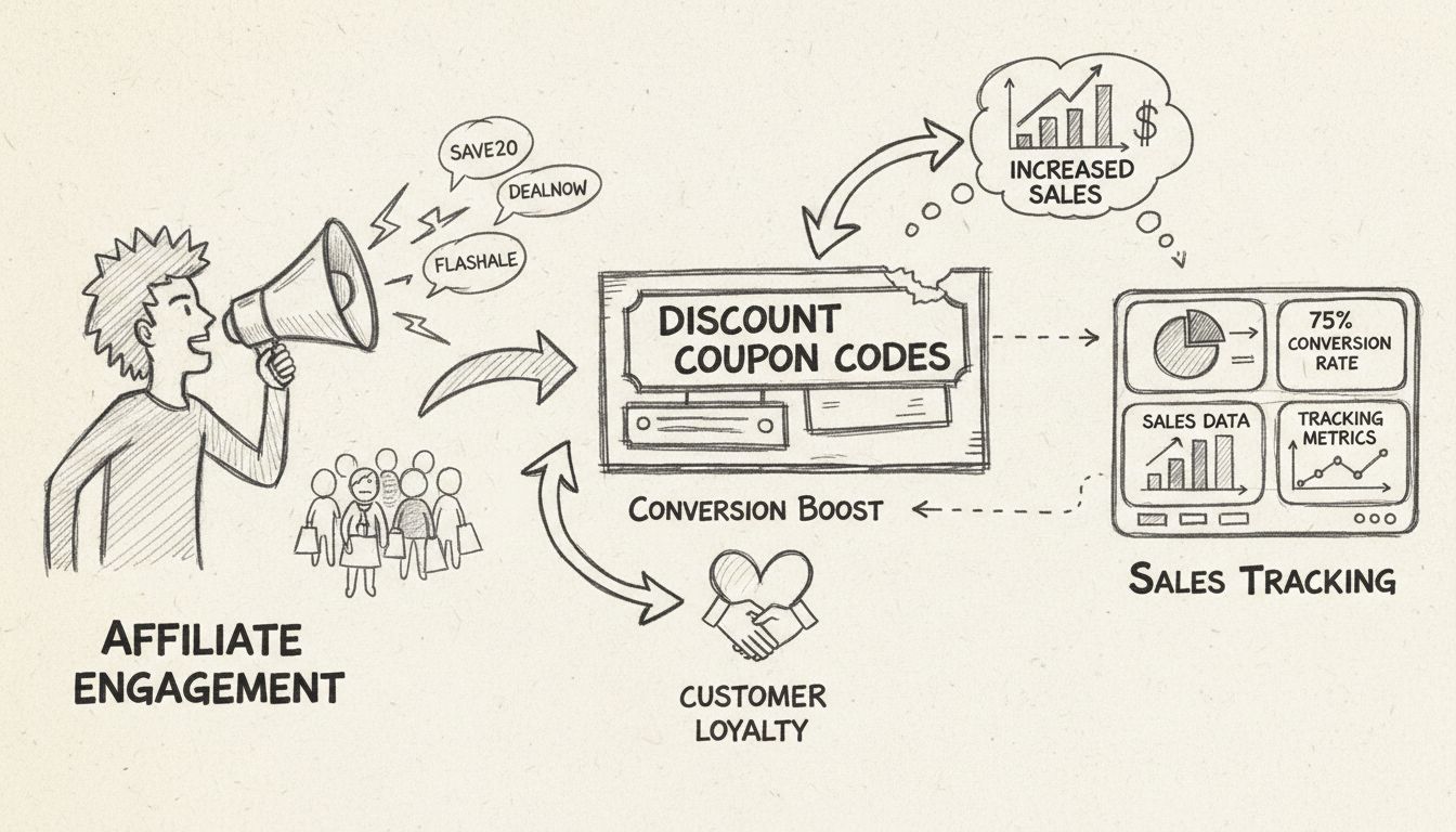 Handgetekend diagram dat affiliate couponvoordelen toont zoals engagement, conversieverhoging, verkooptracking en klantloyaliteit