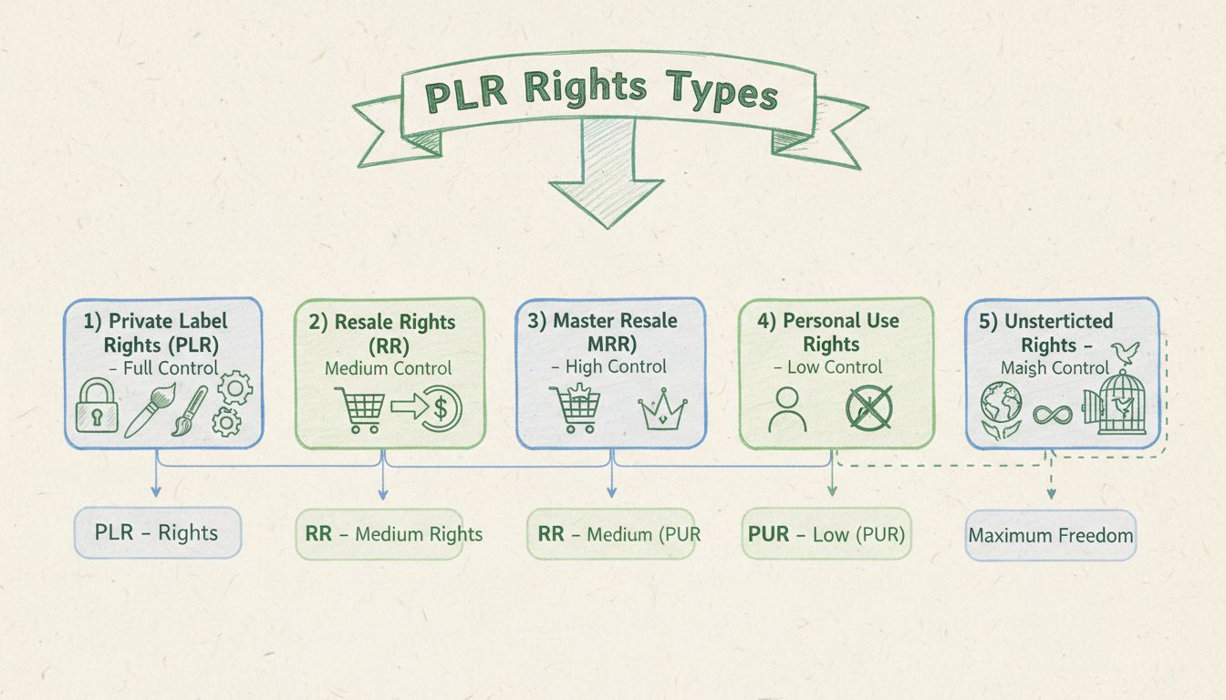 Diagram met 5 soorten PLR-rechten en hun controle- en vrijheidsniveaus