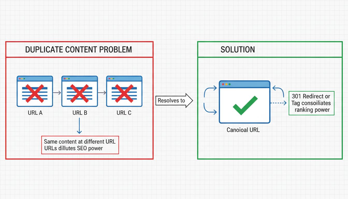 Diagram van het probleem met dubbele content versus de oplossing, met meerdere URL's met rode kruisjes aan de linkerkant en een enkele canonieke URL met een groen vinkje aan de rechterkant