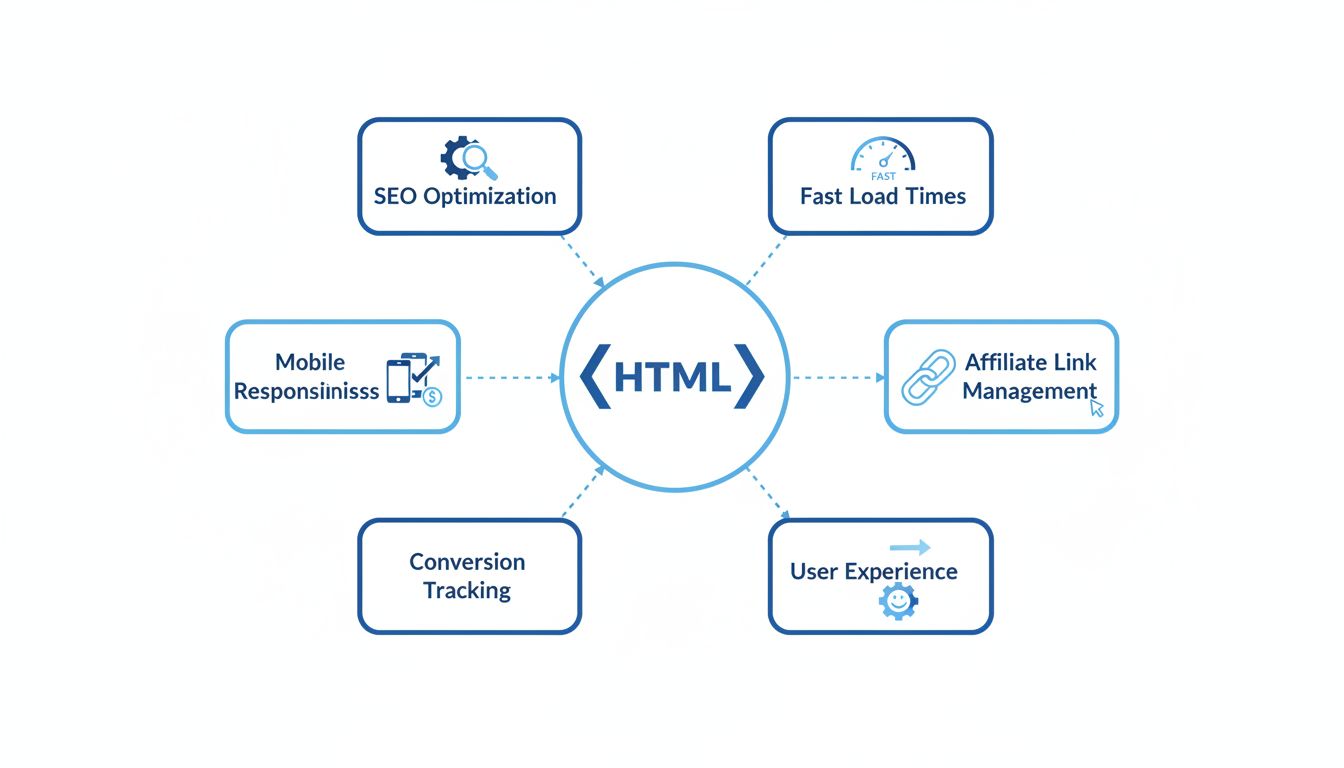 HTML-voordelen voor affiliate marketeers - Technisch diagram met SEO, mobiele responsiviteit, conversietracking, snelle laadtijden, affiliate linkbeheer en gebruikerservaring