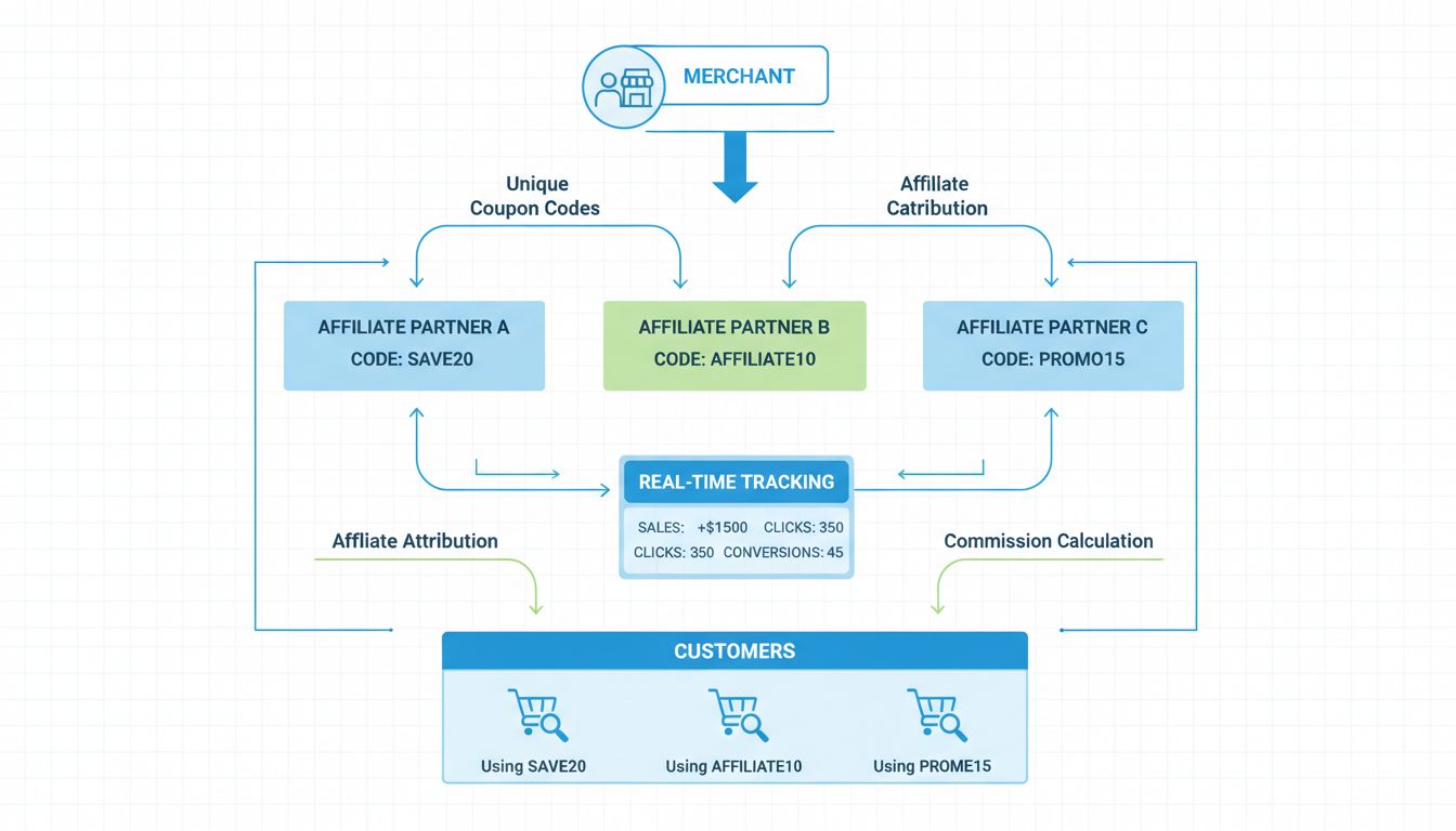 Affiliate coupon tracking workflow showing merchant, affiliates with unique codes, and customer checkout process