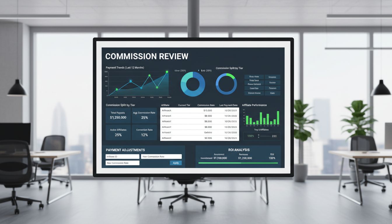 Professioneel affiliatebetalingsdashboard met commissie-statistieken, ROI-analyse en betalingsaanpassingsstrategieën