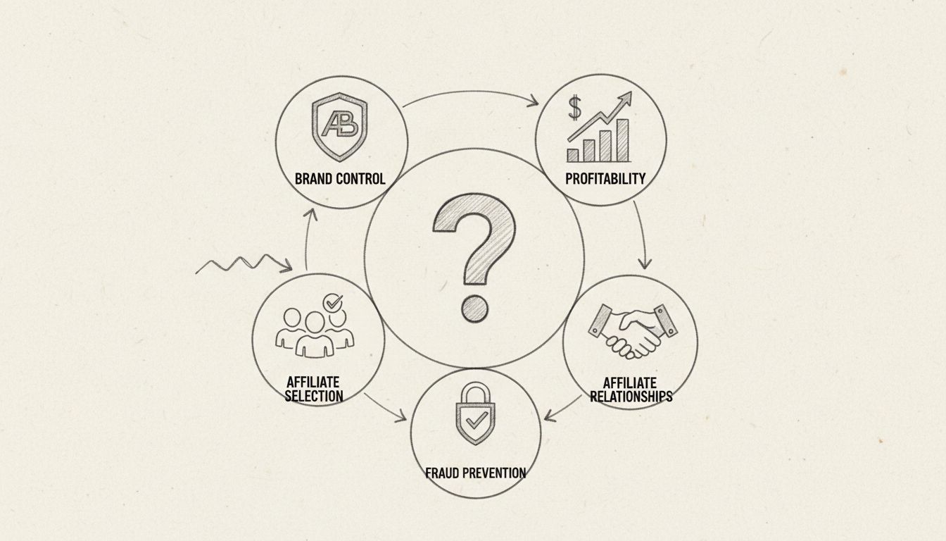 Infographic met de vijf belangrijkste uitdagingen van affiliateprogramma’s: Merkcontrole, Affiliate Selectie, Winstgevendheid, Affiliaterelaties en Fraude Preventie