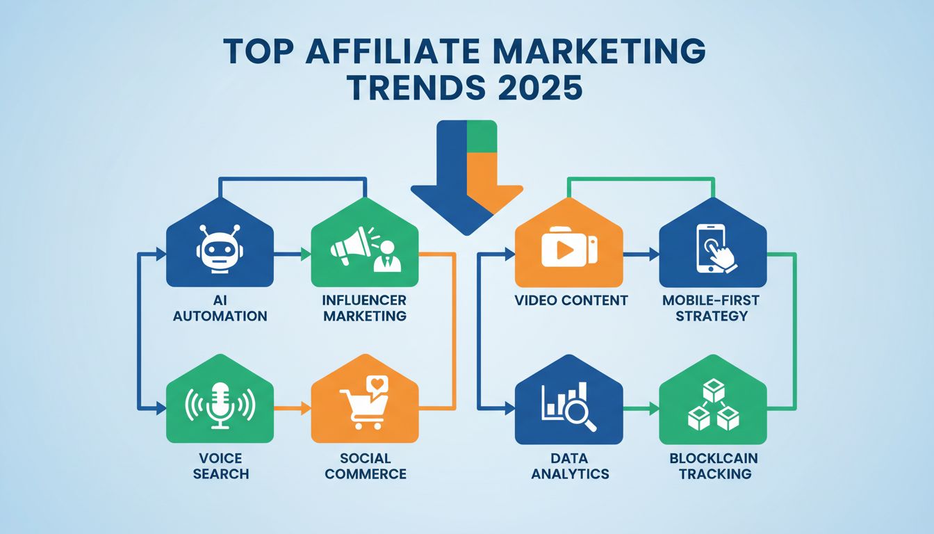 Top affiliate marketing trends 2025 infographic showing AI automation, influencer marketing, video content, mobile-first strategy, voice search, social commerce, data analytics, and blockchain