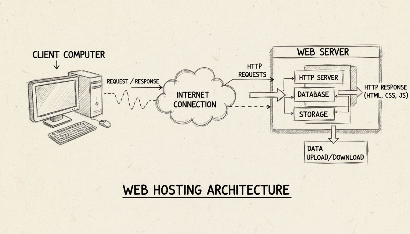 Webhosting-architectuurdiagram met clientcomputer, internetverbinding en webserver met opslag- en databasecomponenten