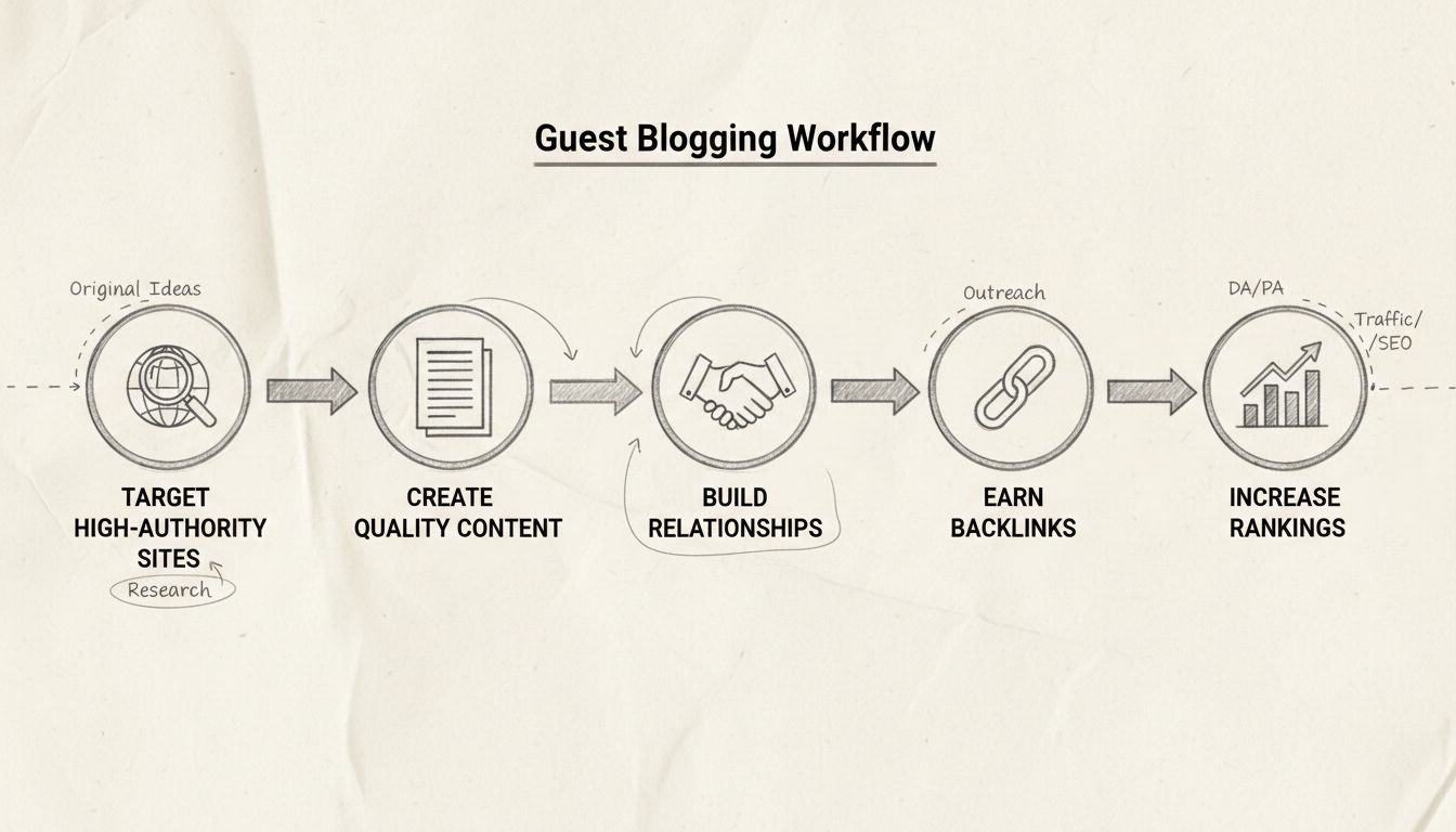Gastblogstrategie workflow met vijf stappen: Richt je op sites met hoge autoriteit, Creëer kwalitatieve content, Bouw relaties op, Verdien backlinks, en Verhoog rankings met verbindende pijlen