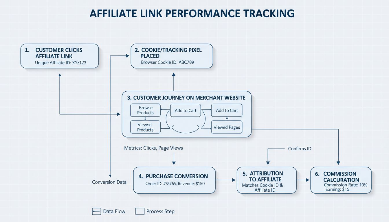 Affiliate-linktrackingschema met klantreis van klik tot commissie