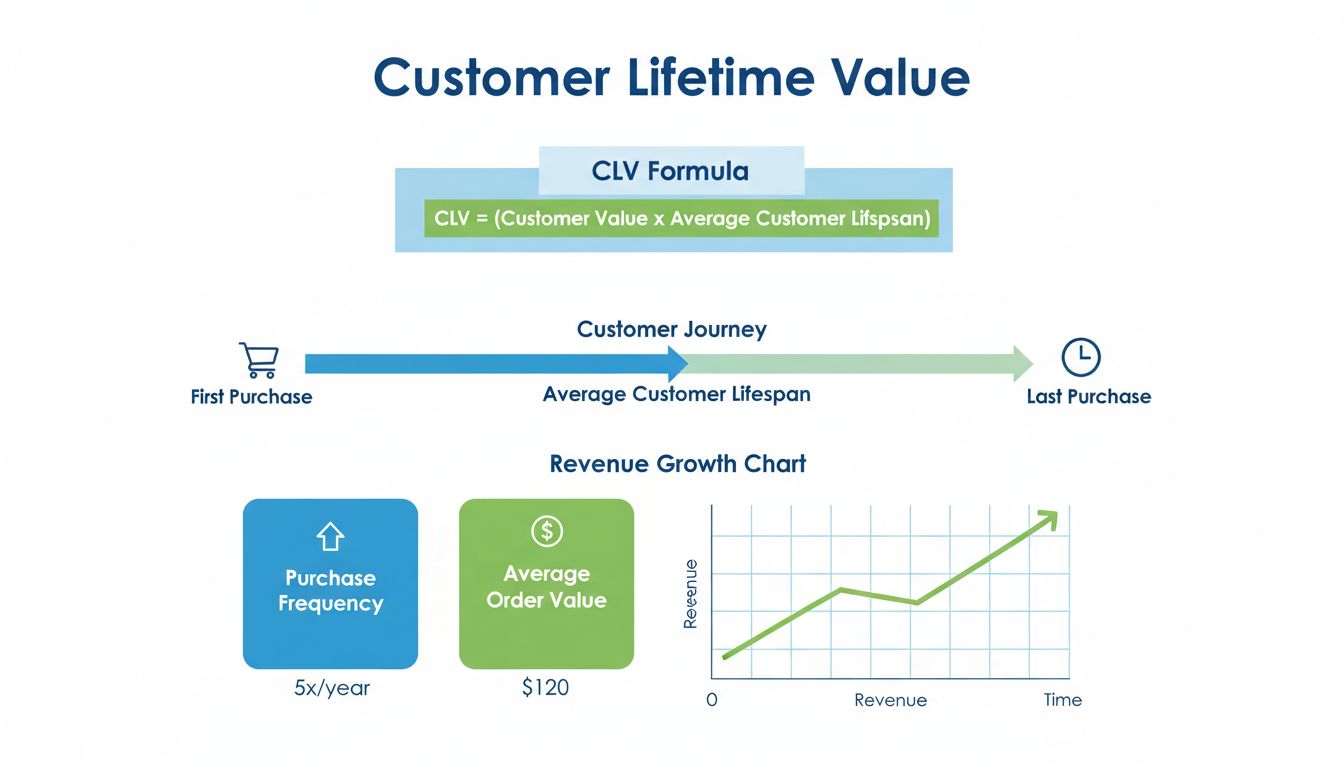Customer Lifetime Value berekeningsformule en metriek infographic met CLV-formule, klantreis-tijdlijn en belangrijkste prestatie-indicatoren