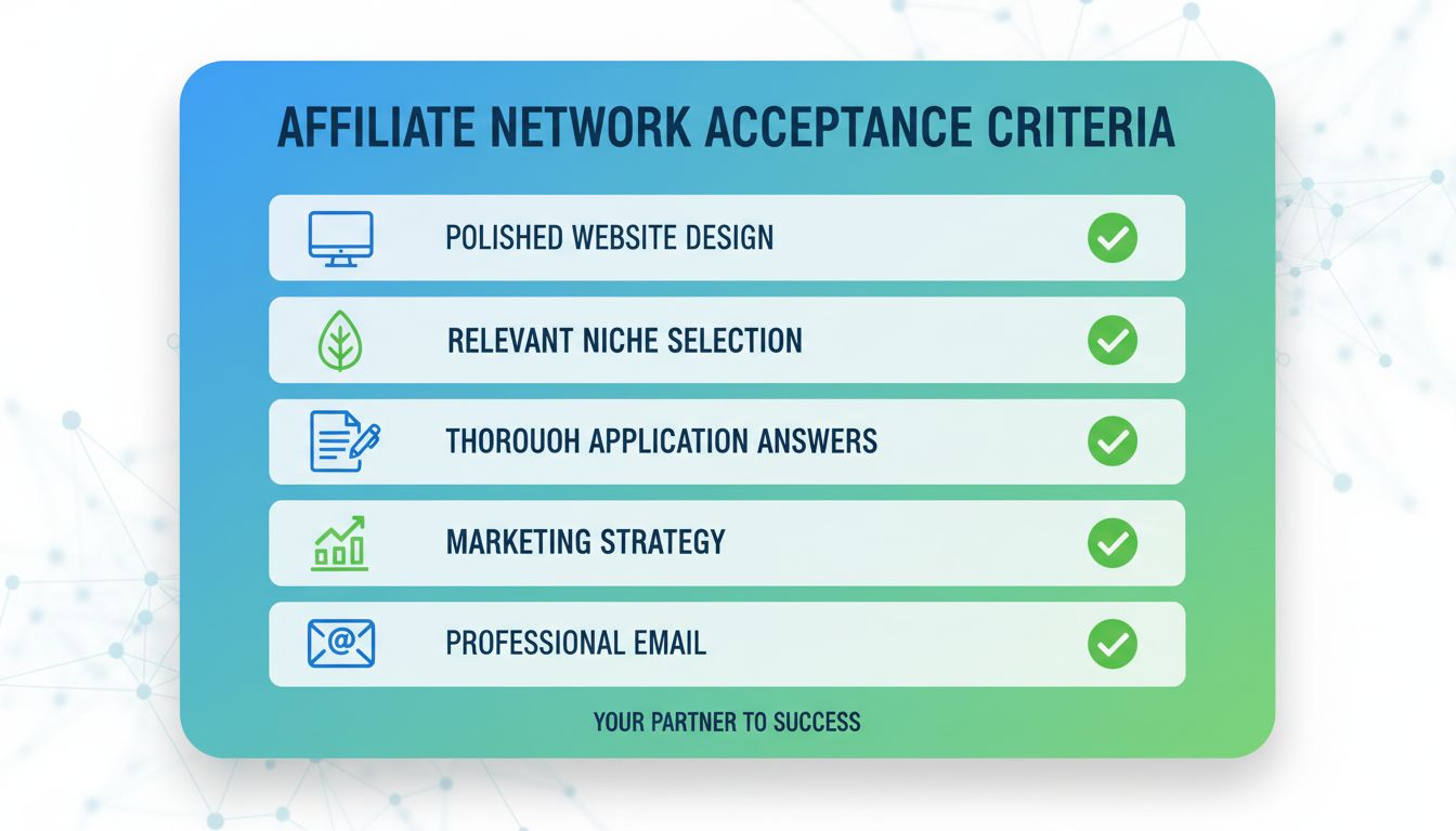 Checklist acceptatiecriteria affiliate netwerk: website optimalisatie, nichekeuze, kwaliteit aanvraag, marketingstrategie en professionele communicatie