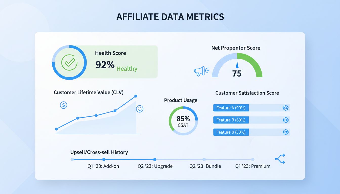 Dashboard klantdatametrics voor affiliatecampagnes met Health Score, CLV, NPS, CSAT, productgebruik en upsellhistorie