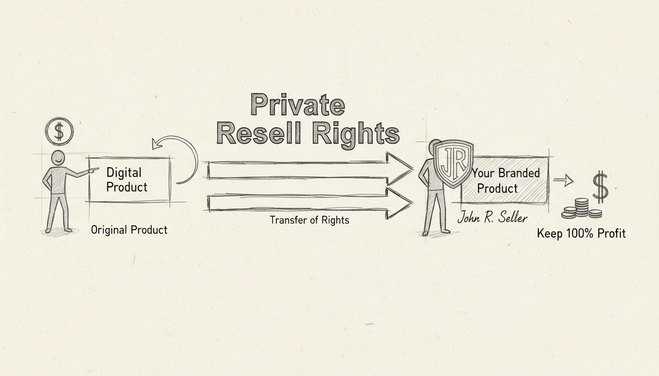 Handgetekend schema dat het proces van private resell rights toont: aankoop van een digitaal product, overdracht van rechten, rebranding met je eigen naam en het behouden van 100% winst