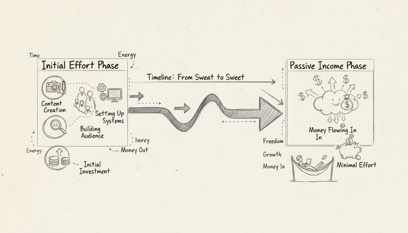 Met de hand getekend diagram dat het pad van passief inkomen toont van initiële inspanningsfase naar passieve inkomensfase