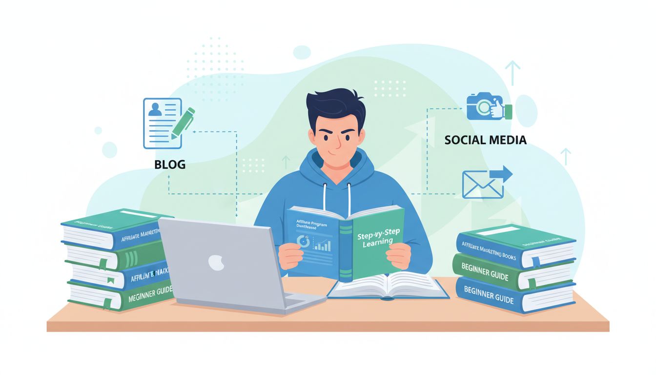 Beginnende affiliate marketeer leert van boeken en bronnen aan bureau met laptop en affiliate marketing materialen