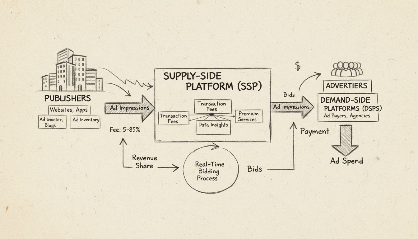 Handgetekend diagram met SSP-inkomstenstroom tussen uitgevers, SSP-platform en adverteerders met procentuele kosten