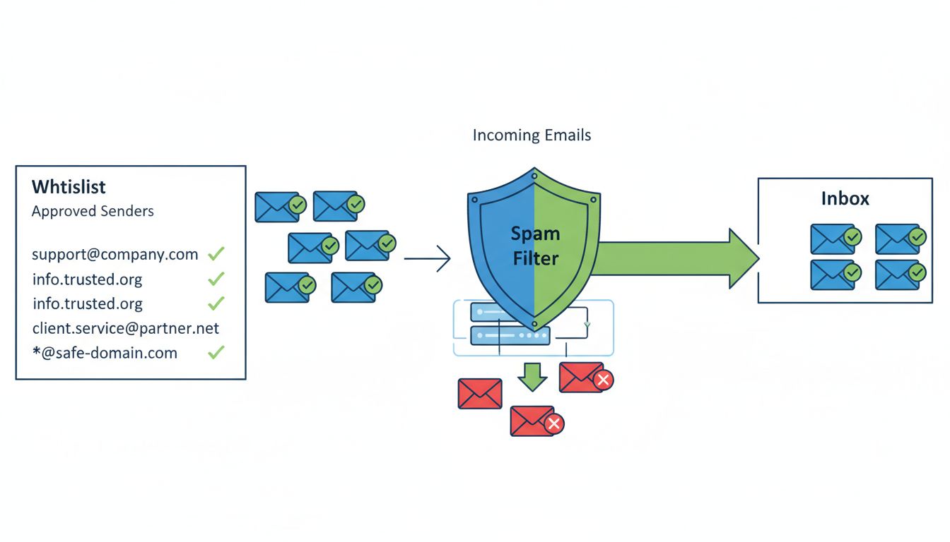 Diagram van e-mailwhitelist-beveiliging met goedgekeurde afzenders, spamfilteromzeiling en vertrouwde inboxaflevering