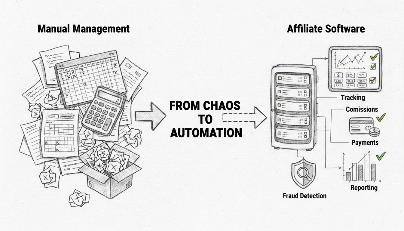 Vergelijkingsschema dat handmatig affiliatebeheer met spreadsheets en fouten toont versus geautomatiseerde affiliate software met tracking, commissies, fraudedetectie en betalingen