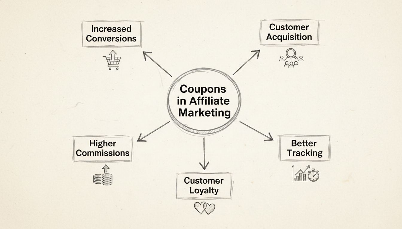 Voordelen van coupons in affiliate marketing: diagram met hogere conversies, klantacquisitie, hogere commissies, betere tracking en klantloyaliteit