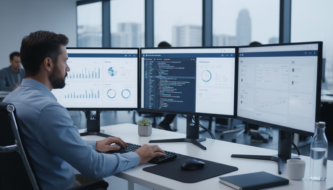 Professionele webmaster werkt aan een bureau met meerdere monitoren met website-analyses, code-editor en SEO-dashboard