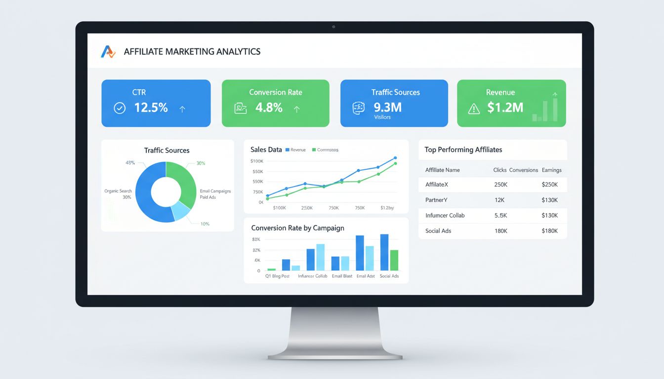 Affiliate marketing analytics dashboard met conversieratio's, CTR, verkeersbronnen en omzetstatistieken