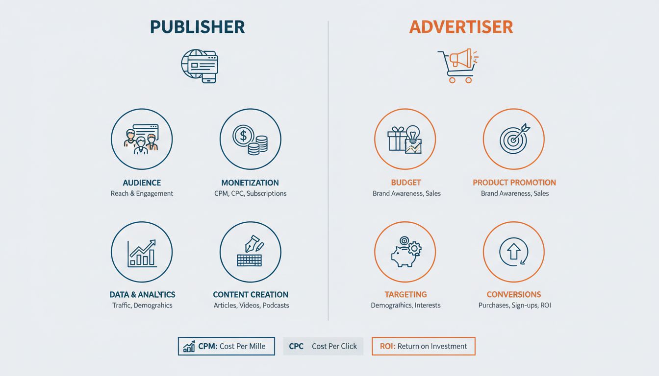 Vergelijkende infographic toont rollen, verantwoordelijkheden en metrics van publishers en adverteerders