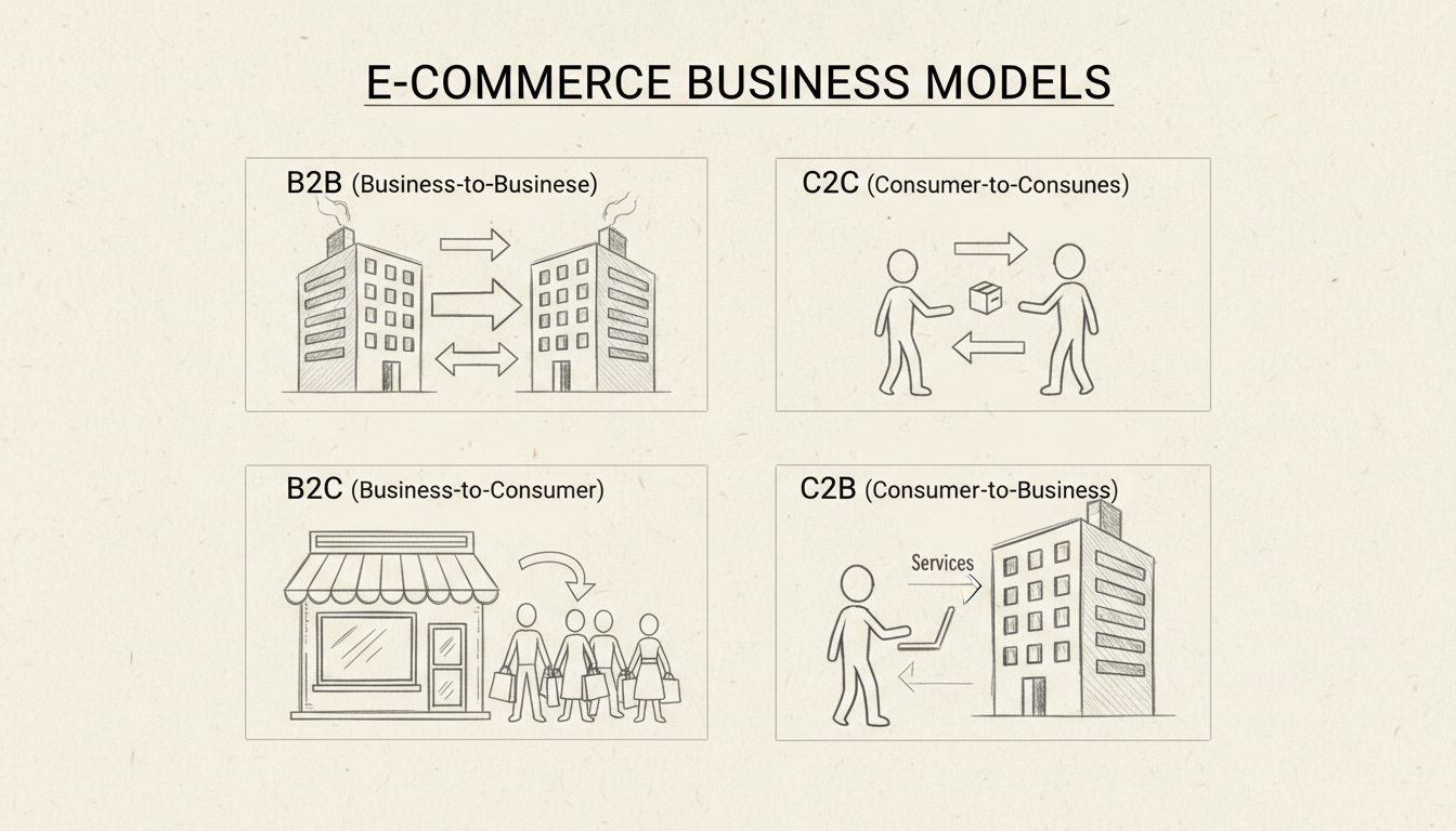 Handgetekend diagram dat de vier typen e-commerce modellen toont: B2B, B2C, C2C en C2B met transactiestromen en deelnemerstypen