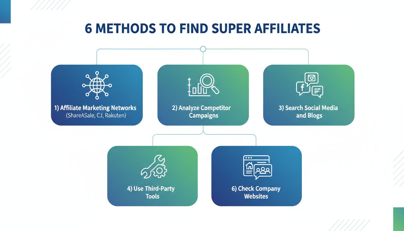 Zes methoden om super affiliates te vinden, waaronder affiliate netwerken, concurrentenanalyse, sociale media zoeken, externe tools, bedrijfswebsites en online fora