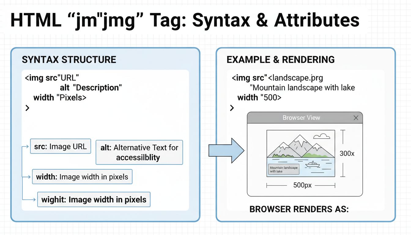 HTML img tag syntaxisdiagram met src, alt, width en height attributen met codevoorbeelden