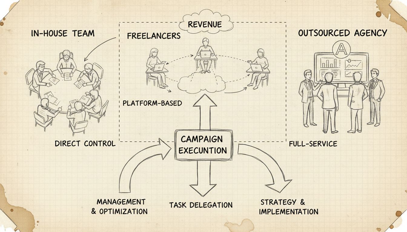 Drie benaderingen voor het organiseren van crowd marketingcampagnes: intern team, freelancers en uitbesteed bureau met workflowdiagrammen