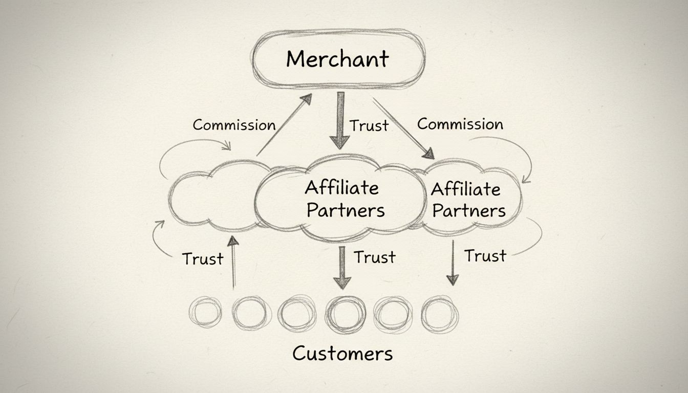 Affiliateprogramma-structuurdiagram met merchant, affiliate partners, klanten, commissieflow en vertrouwensrelaties
