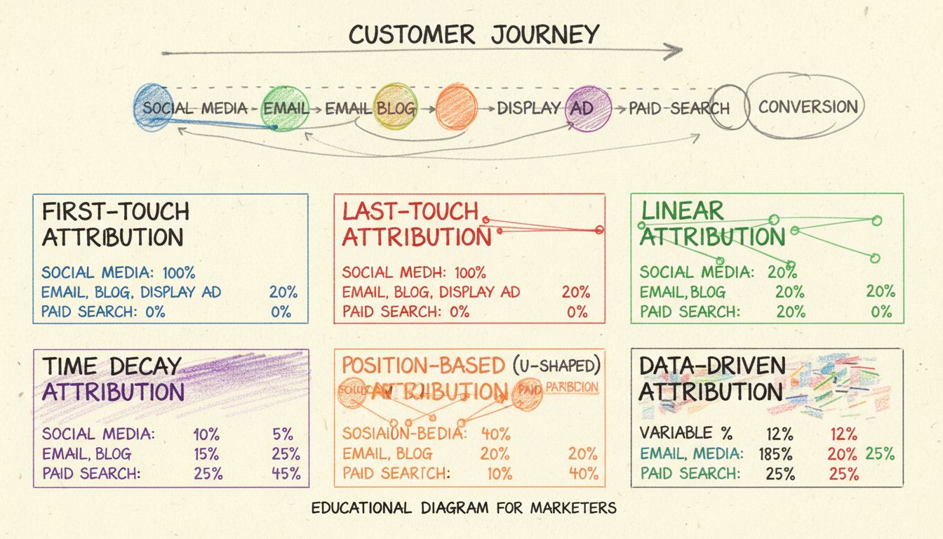 Vergelijkingsdiagram van attributiemodellen met first-touch, last-touch, lineair, tijdsverval, positie-gebaseerd en data-driven modellen met verdeling van kredietpercentages