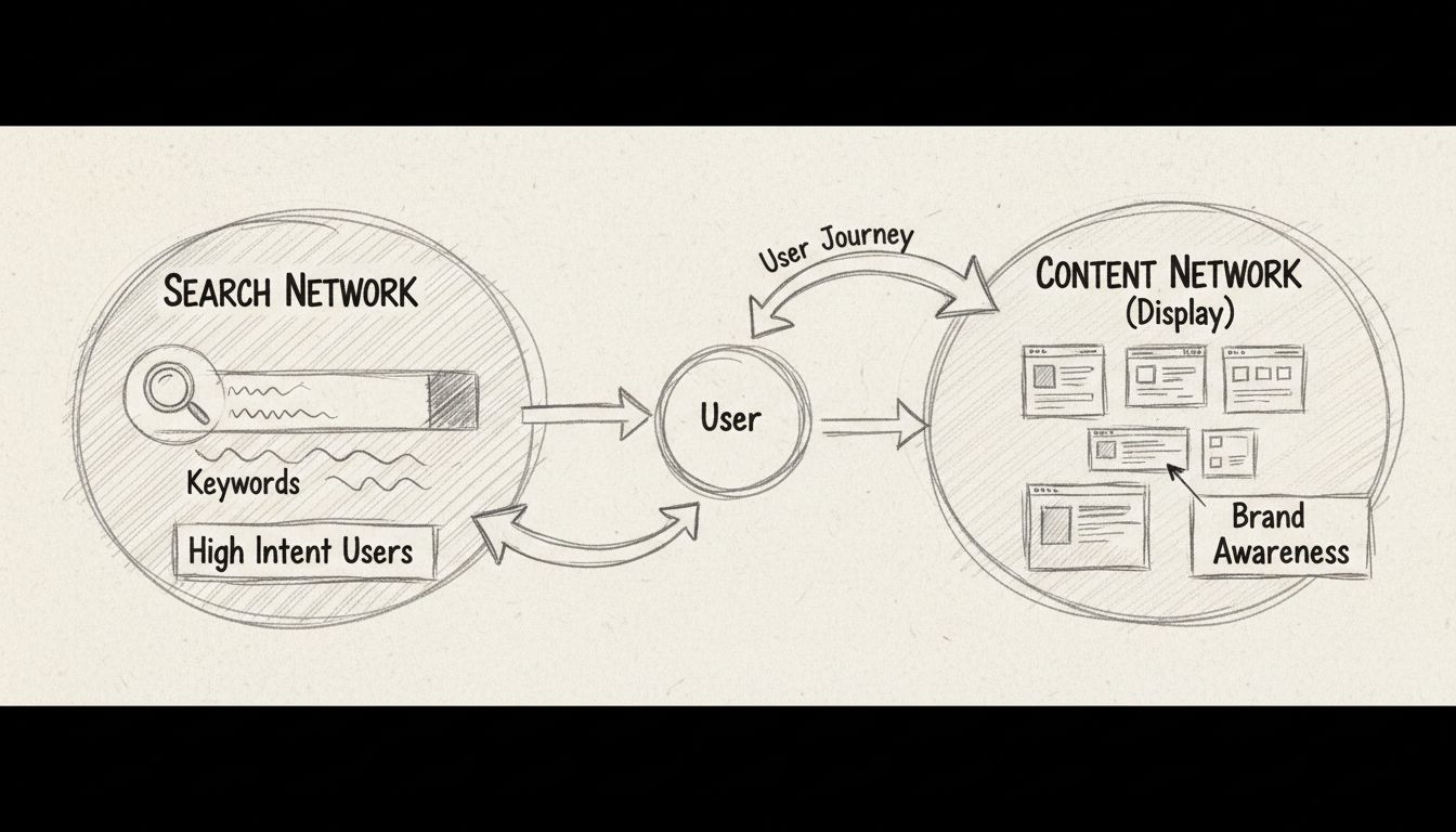 Handgetekend diagram dat Zoeknetwerk versus Contentnetwerk vergelijkt en de gebruikersreis, gebruikers met hoge intentie en merkbekendheid toont