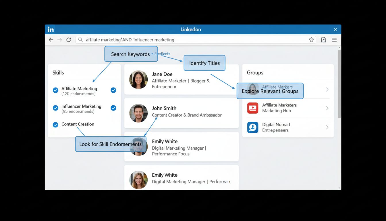 LinkedIn-interface die laat zien hoe je affiliate marketeers kunt zoeken en identificeren met zoekwoorden, profielanalyse en groepsdeelname