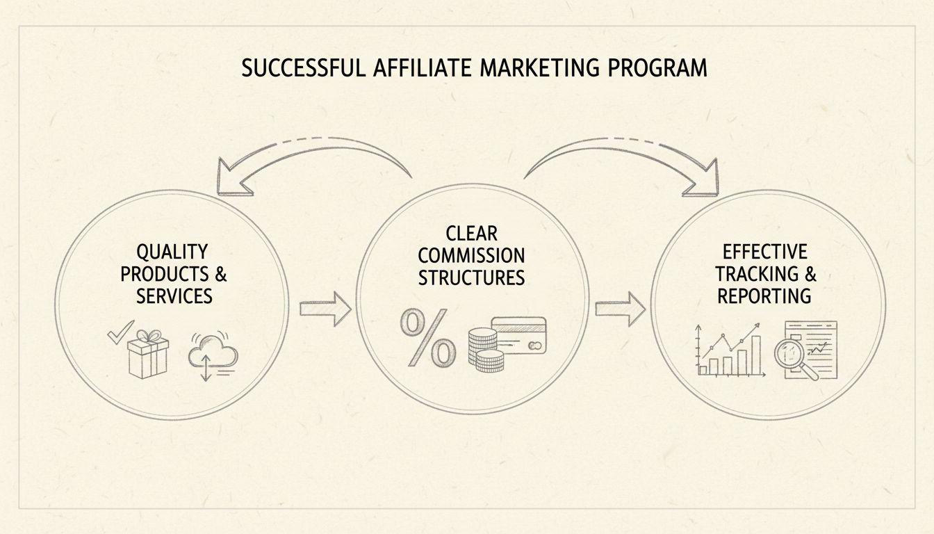 Diagram met de 3 belangrijkste componenten van een succesvol affiliate marketing programma: Kwalitatieve Producten, Duidelijke Commissiestructuren en Effectieve Trackingsystemen