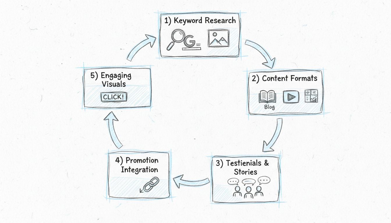 Belangrijke stappen van een succesvolle affiliatecampagne met zoekwoordenonderzoek, contentvormen, testimonials, promotie-integratie, CTA’s en aantrekkelijke visuals in een circulair stroomdiagram