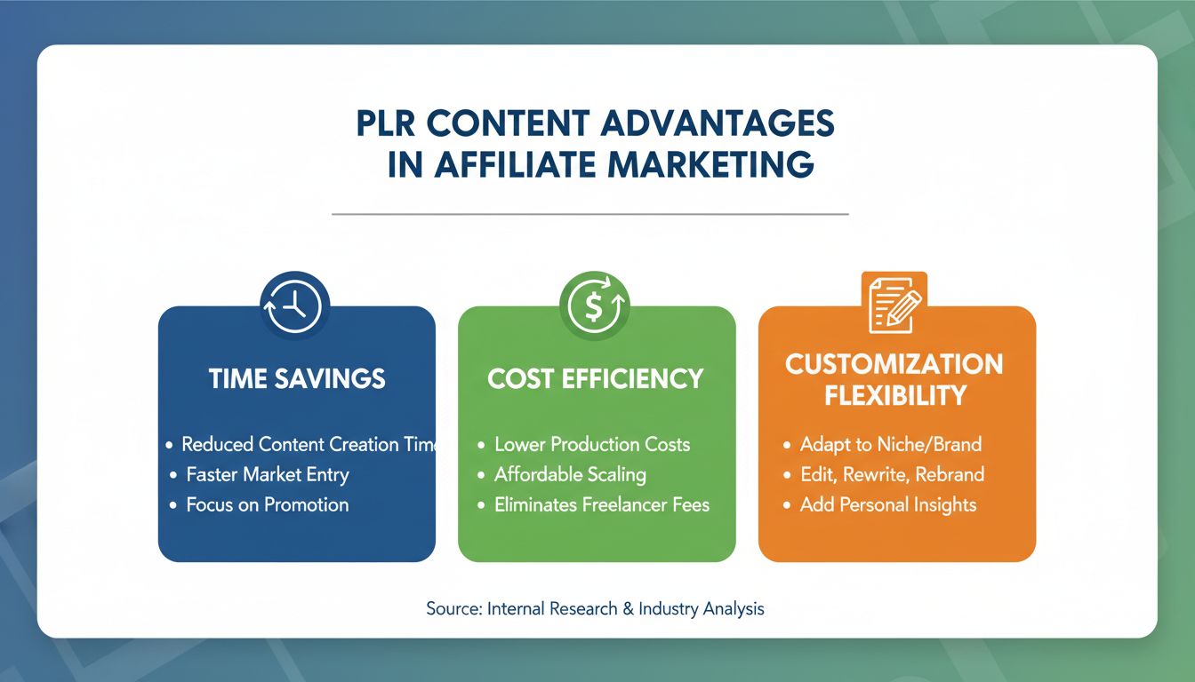 PLR-content voordelen infographic met tijdbesparing, kostenefficiëntie en aanpasbaarheid voor affiliate marketing
