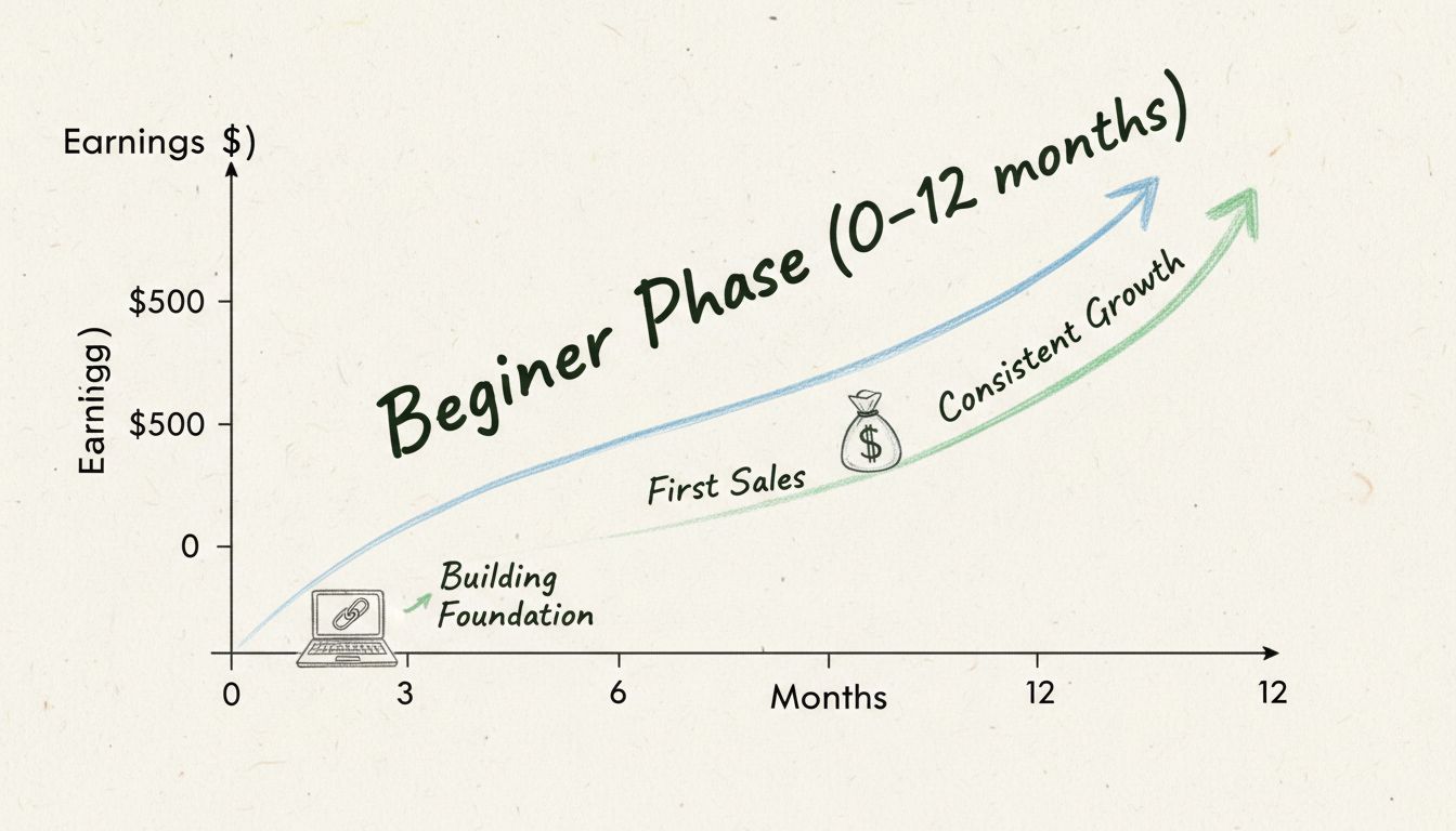 Grafiek van de inkomstenontwikkeling van een beginnende affiliate marketeer met groei van €0 naar €1000 in 12 maanden