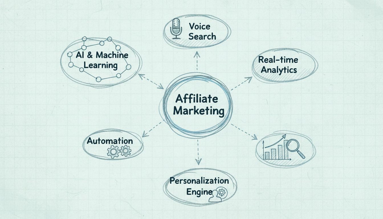Opkomende technologieën in affiliate marketing, waaronder AI, machine learning, voice search, automatisering, realtime analytics en personalisatie