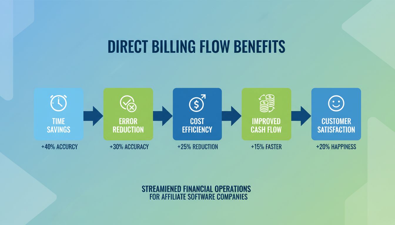Infographic over voordelen van directe facturatie: tijdsbesparing, foutreductie, kostenefficiëntie, verbeterde cashflow en klanttevredenheid