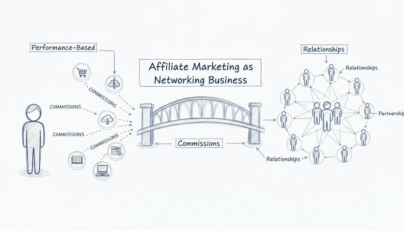 Handgetekend diagram met netwerkrelaties en verbindingen in affiliate marketing