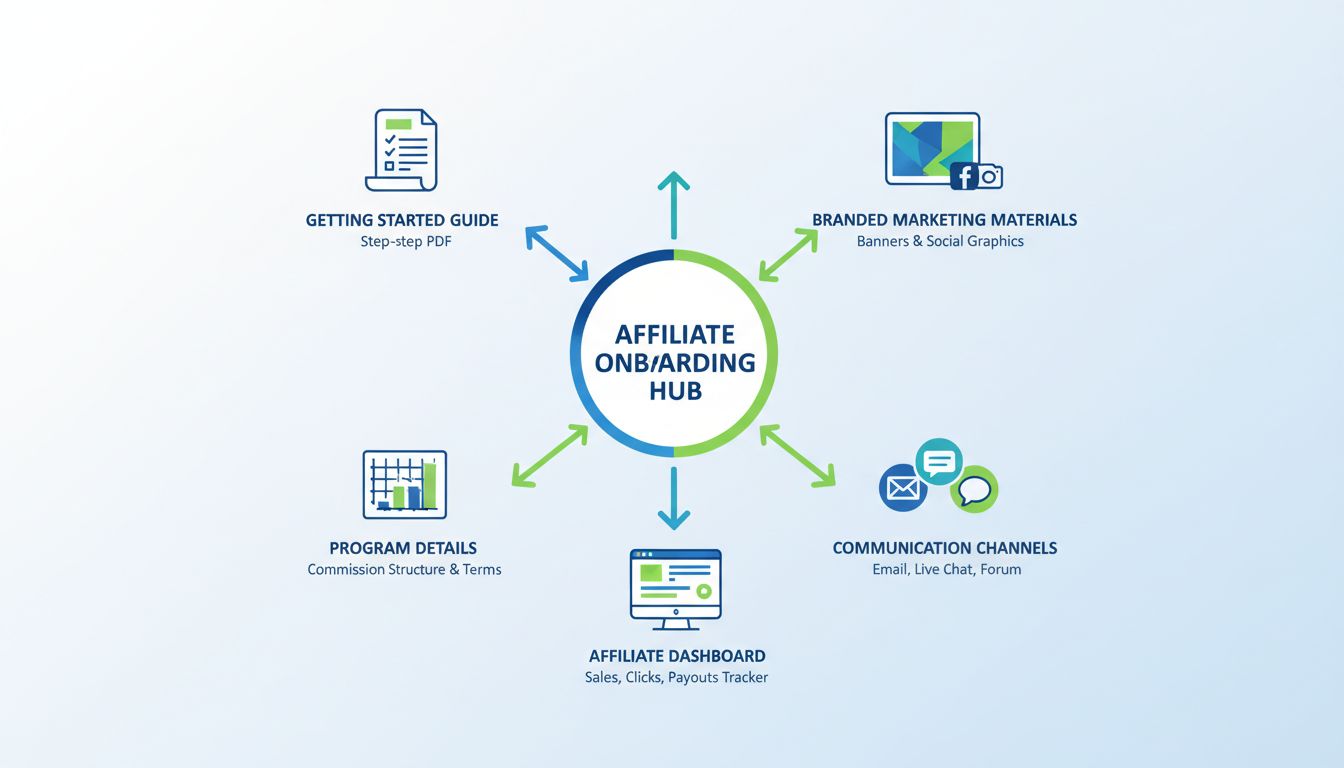 Infographic over affiliate onboarding materialen en middelen met 'Aan de slag'-gids, merkgebonden marketingmaterialen, programmadetails, communicatiekanalen en affiliate dashboard