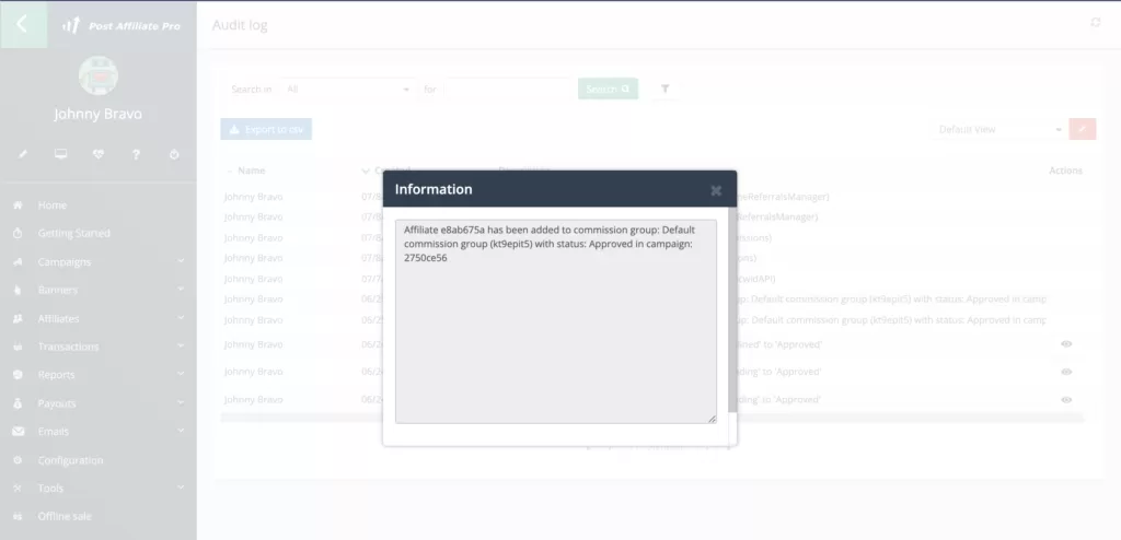Audit log informatie in Post Affiliate Pro
