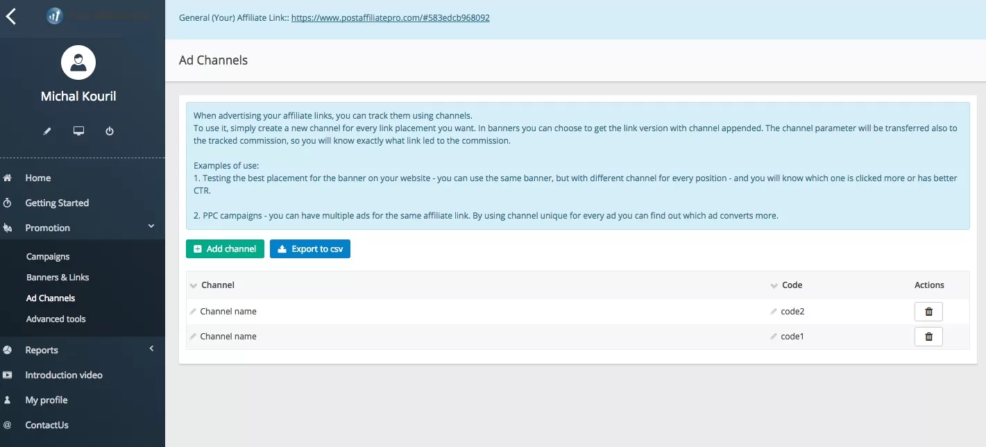 Post Affiliate Pro-dashboard voor het toevoegen van trackingkanalen